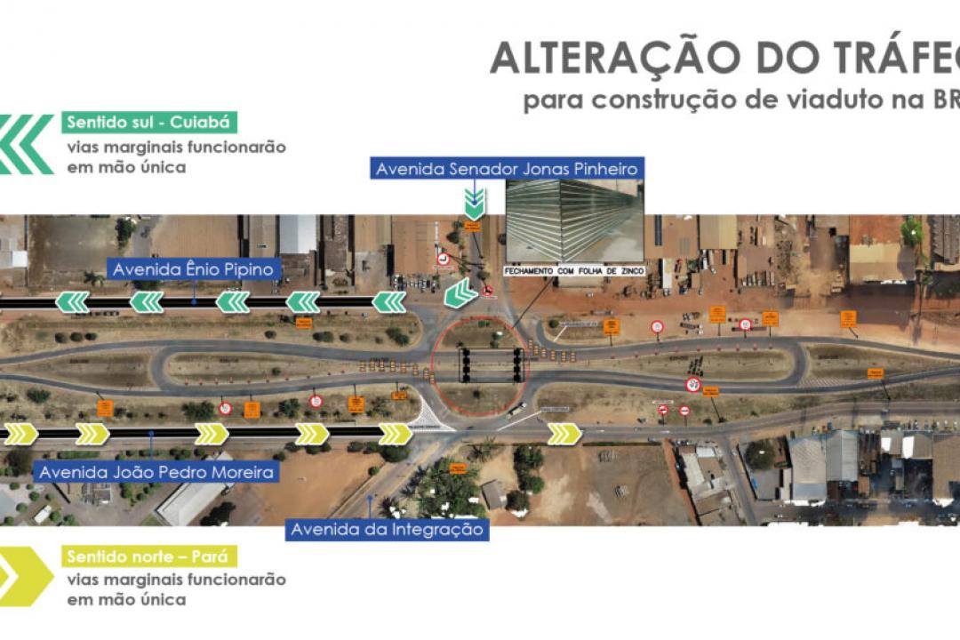 Construção de viaduto na BR-163 altera tráfego da rodovia e vias marginais de Sinop